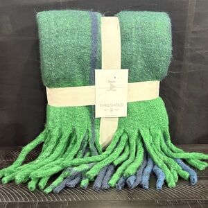 Threshold Green and Blue Fringe Mohair-Style Throw